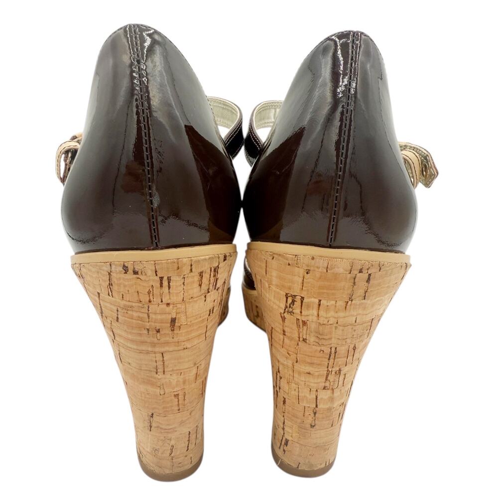 Guess Platform Cork Wedge Strappy Sandal Heels in Brown Patent Leather Size 10 - Picture 4 of 10